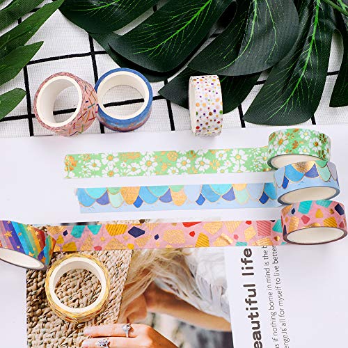 Washi Tape, 12 rollos de cinta adhesiva decorativa Washi Tape, diseño de flores, lámina dorada decorativa para manualidades, 15 mm x 3 m