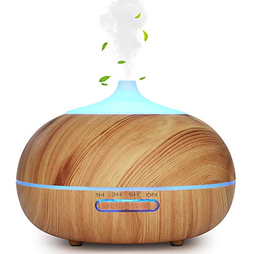 WD&CD Humidificador Aromaterapia Ultrasónico [300ML]， 7-Color LED, 3 Ajuste de Tiempo，Súper Mudo Difusor de Aceites Esenciales de luz para Bebes, Hogar, Oficina,Dormitorio —Grano de Madera