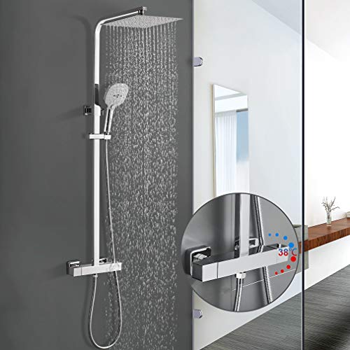 WOOHSE Columna de Ducha Termostática Acero Inoxidable para Baño, con Rociador rectangular, 3 Funciones Ducha de mano, Flexo de ducha, Soporte de Ducha y Barra telescópica de 79.5 cm-122.5 cm, Cromado