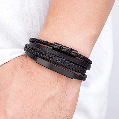 WQZYY&ASDCD Pulseras Brazalete Pulsera De Cuero Multicapa Negra De Acero Inoxidable para Hombre, Botón De Cierre, Brazalete Trenzado Vintage para Hombre, Joyería-Black_23Cm