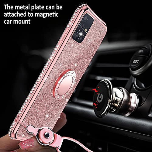 XTCASE Funda para Samsung Galaxy A51 con Cuerda, Glitter Cristal Brillante Diamante Brillo Carcasa 360 Grados Soporte Anillo Giratorio Silicona TPU Case Anti-Rasguños - Rosa