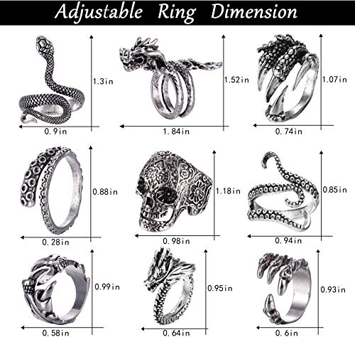 YADOCA 9 Piezas Anillos de Punk Vintage Anillo Mujer Hombre Ajustable Pulpo Dragón Serpiente Gótico Anillo