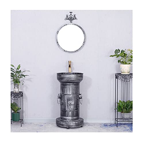 YQX Mueble Lavabo Baño Estilo Industrial, Mueble Lavamanos Baño Retro De Una Pieza, Fregadero De Pedestal con Grifo Y Drenaje Combo 47x47x87cm(Size:Lavabo de Columna + Espejo,Color:Plata Vintage)