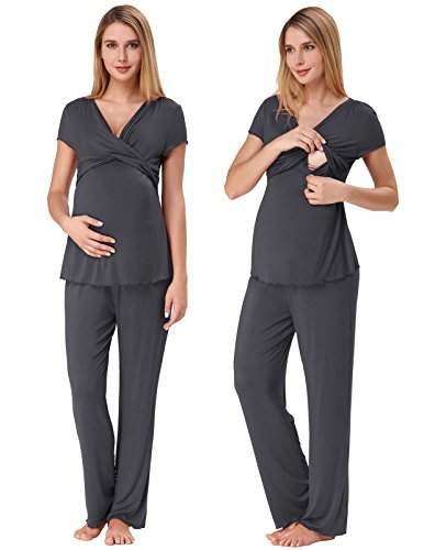 Zexxxy Mujer Pijamas de Enfermeria para la Lactancia Materna Ropa de Dormir de Algodon para Hospital (Gris Oscuro, X-Large)