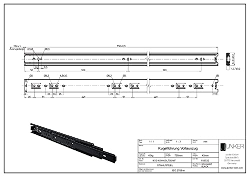 1 par (2 piezas) SO-TECH® Guía para Cajón de Extracción total Carril de Cajón Negro 750 mm (cerrado) Rodamiento de Bolas Capacidad de carga 45 kg