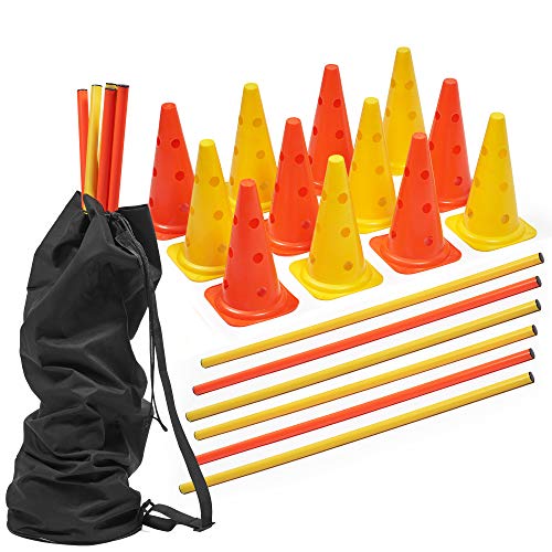 18 Pcs Vallas de Obstáculos de Entrenamiento de Coordinación Ajustable, 12 Conos y 6 Palos, Deportes Fútbol y Entrenamiento del Perro, Conjunto de Agilidad Velocida con Bolsa de Transporte