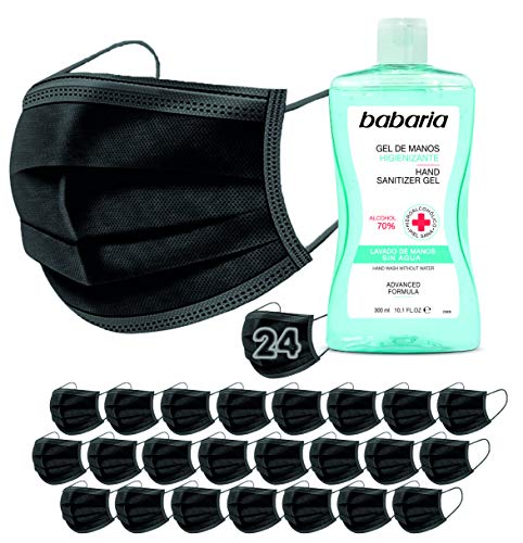 24 Mascarillas Higiénicas NEGRAS The Pink House + 1 Gel de Manos Higienizante HidroAlcoholico de Babaria 300 ml para llevar. Máscaras no quirúrgicas, Desechable de 3 capas de protección