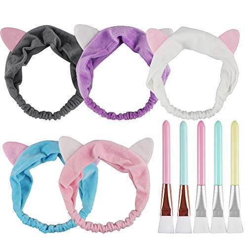 5pcs Brocha Mascarillas Faciales y 5pcs Banda Elástica de Orejas de Gato de Terciopelo Suave de Cristal, Pinceles para Aplicar Máscarillas (Múlticolor)