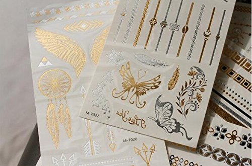 6 Piezas 70 Patrones Tatuajes Temporales Metálico Oro y Plata Flash Tatuaje Temporal Extraíble Impermeable Adhesivos Removibles Flores Flechas Plumas Pulseras Muñequera y Brazo Bandas