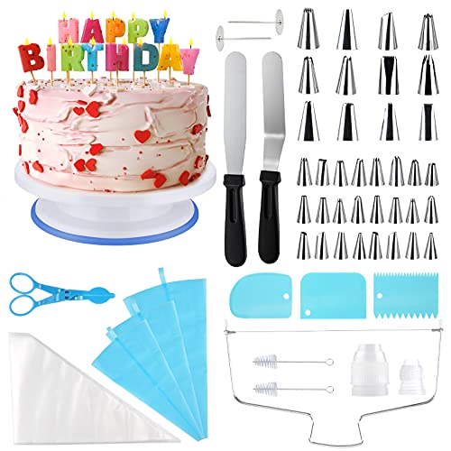 75Pcs Decoración de Pasteles Kit Ninonly Plato Giratorio para Tartas con Boquillas, Manga Pastelera, Raspadores de Pastel, Espátulas Glaseadas, Smoothe, Uñas de Flores, Cake Cutter