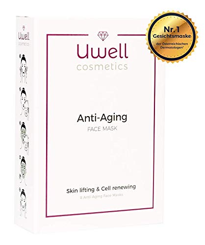 8 pz. Uwell Anti-Aging Face Mask anti-edad | Máscara de tela premium | Máscara de vellón hidrogel Aloe Vera | Rejuvenecedor de la piel |Reducción de arrugas | Vegano |aplicación simple| Pack de 8 pz.