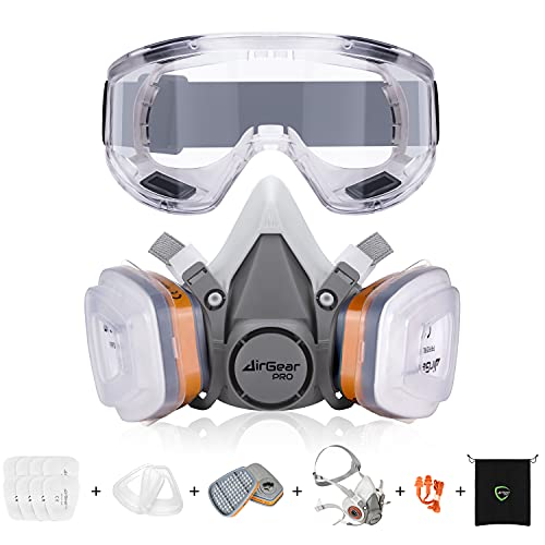 AirGearPro G-500 Máscara Respiratoria Reutilizable, Antipolvo, Antigás con Filtros y Gafas de Protección de para Pintar, Construcción, Bricolaje, Lijado