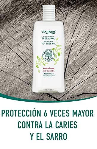 alkmene Enjuague bucal con aceite de árbol de té con protección 6 veces mayor - Protege contra la caries y el sarro - Sin alcohol, siliconas y parabenos 1x 500 ml