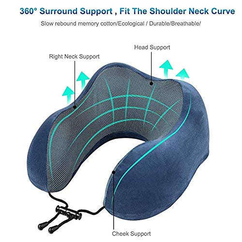 Almohada de Viaje Viscoelástica de Espuma de Memoria, Almohada de Cuello, Almohadas de Acampada, Almohada Ortopédica Cervica, Soporte de Cuello, con Máscara de Ojos y Tapones (Blue)