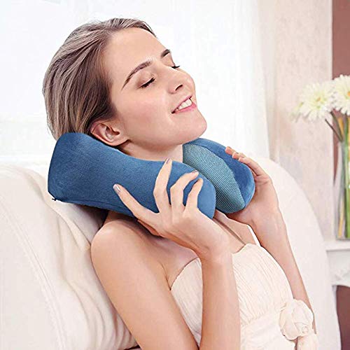 Almohada de Viaje Viscoelástica de Espuma de Memoria, Almohada de Cuello, Almohadas de Acampada, Almohada Ortopédica Cervica, Soporte de Cuello, con Máscara de Ojos y Tapones (Blue)