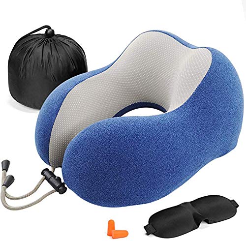 Almohada de Viaje Viscoelástica de Espuma de Memoria, Almohada de Cuello, Almohadas de Acampada, Almohada Ortopédica Cervica, Soporte de Cuello, con Máscara de Ojos y Tapones (Blue)