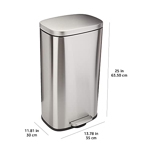 Amazon Basics Rectangle Soft-Close Trash Can - 30L, Satin Nickel