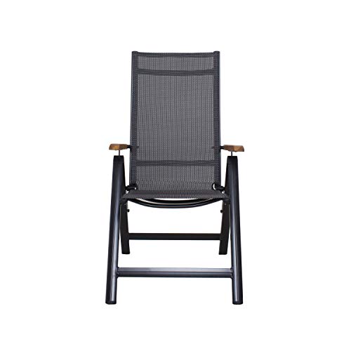 Ambientehome Silla plegable de aluminio de lujo con respaldo alto para jardín, sillón de aluminio 4 x 4, reposabrazos de madera de acacia, negro