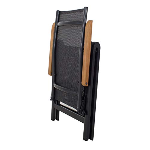 Ambientehome Silla plegable de aluminio de lujo con respaldo alto para jardín, sillón de aluminio 4 x 4, reposabrazos de madera de acacia, negro