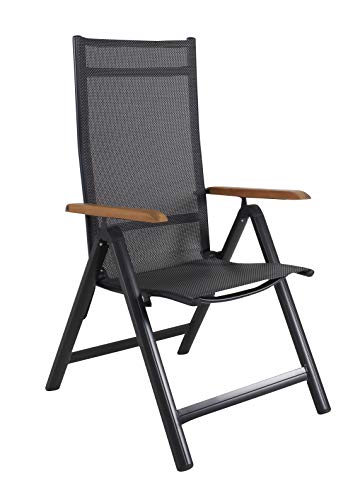 Ambientehome Silla plegable de aluminio de lujo con respaldo alto para jardín, sillón de aluminio 4 x 4, reposabrazos de madera de acacia, negro