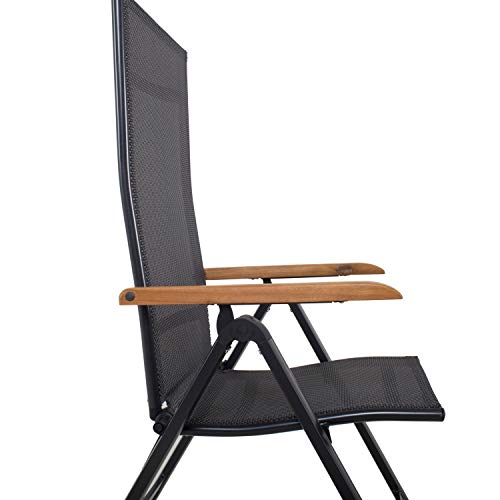 Ambientehome Silla plegable de aluminio de lujo con respaldo alto para jardín, sillón de aluminio 4 x 4, reposabrazos de madera de acacia, negro