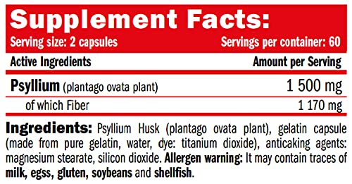 AMIX - Complemento Alimenticio - Psyllium Pure - 120 Cápsulas - Fuente de Fibra Soluble - Suplemento con Cáscara de Semilla de Zaragatona - Suplemento Alimenticio Natural