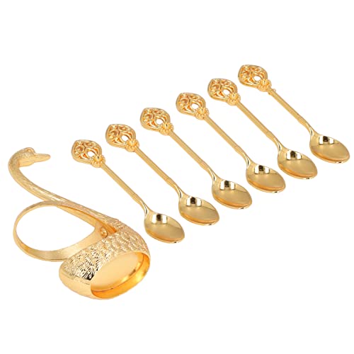 AMONIDA Soporte para Cucharas de Café, Juego de Cucharas de Postre de Café Altamente Duradero Superficie Brillante Aleación de Zinc Elegante Cisne para el Hogar para la Oficina para el Hotel(Oro)