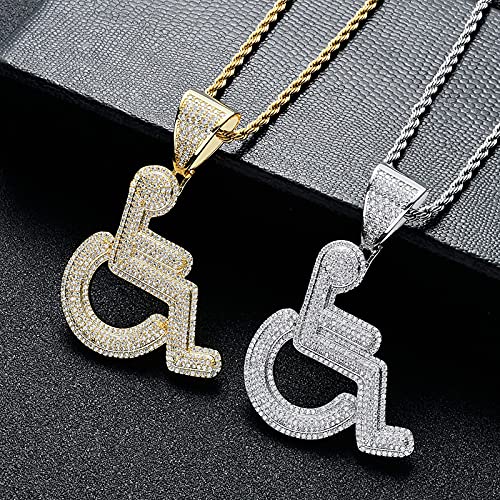 AMOZ Collar de Hombres Europeos Y Americanos, con Discapacitados para Sillas de Ruedas Logo Colgante, Personalidad Creativa Circón Hip Hop Joyería, Actualización/Oro