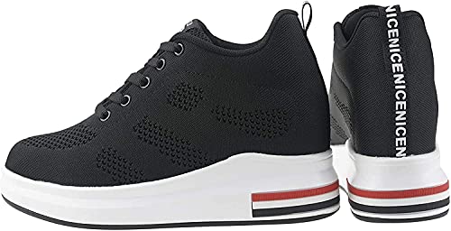 AONEGOLD® Zapatillas de Deporte Transpirables Zapatillas de Cuña para Mujer Alta Talón Plataforma 8cm Sneakers(Negro,37 EU)