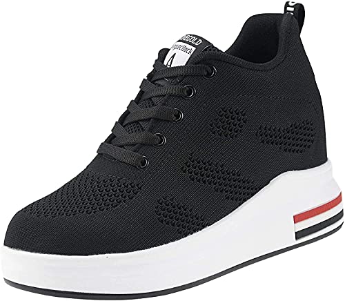 AONEGOLD® Zapatillas de Deporte Transpirables Zapatillas de Cuña para Mujer Alta Talón Plataforma 8cm Sneakers(Negro,37 EU)