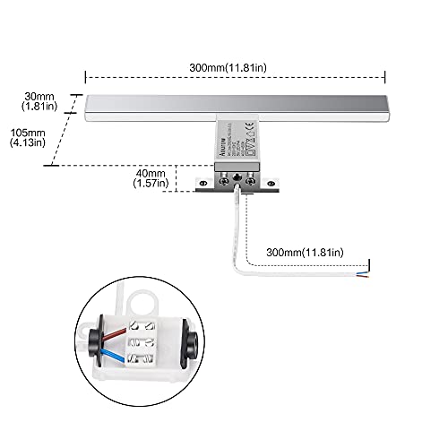 Aourow Lámpara de Espejo Baño LED 5W 230V 500lm,a Prueba de Agua IP44 30cm,3 en 1,Fije en el Espejo +en el Gabinete+en la Pared,Luz Blanca Neutra 4000K,Contra Niebla Acero Inoxidable,300x105x40mm