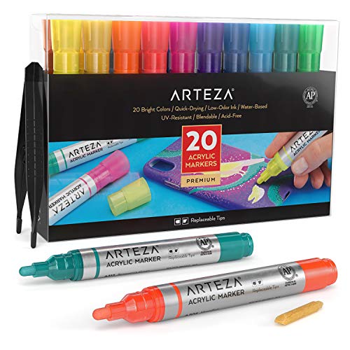 Arteza Rotuladores acrílicos, juego de 20 colores surtidos, puntas reemplazables, a base de agua, rotuladores para pintar piedras, lienzo, vidrio, madera, cerámica y plástico