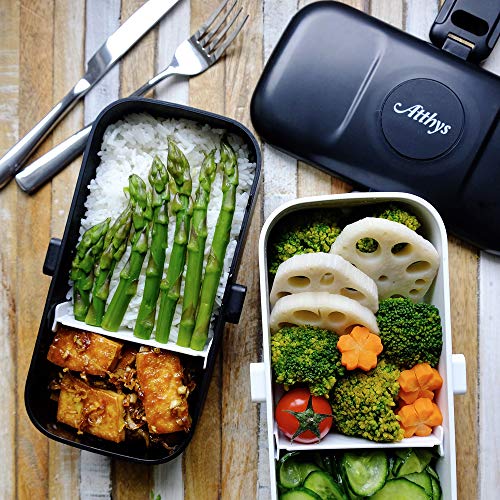 Atthys Lunch Box Negro | Tupper Design con 2 Cubiertos de Acero Inoxidable | Fiambrera Bento con 2 Compartimentos Estancos 1200 ml | Microondas y Lavavajillas | Bento Box Adultos o Niños