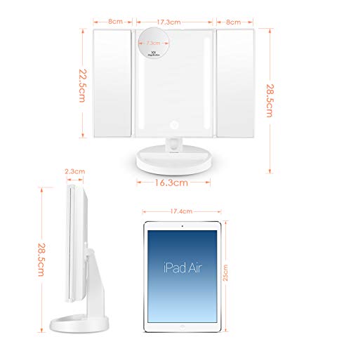 Auxmir Espejo Maquillaje Tríptico con Luz, Mini Espejo Aumento de 10X, Espejo de Tocador Rotación de 180, Almacenamieto, Blanco