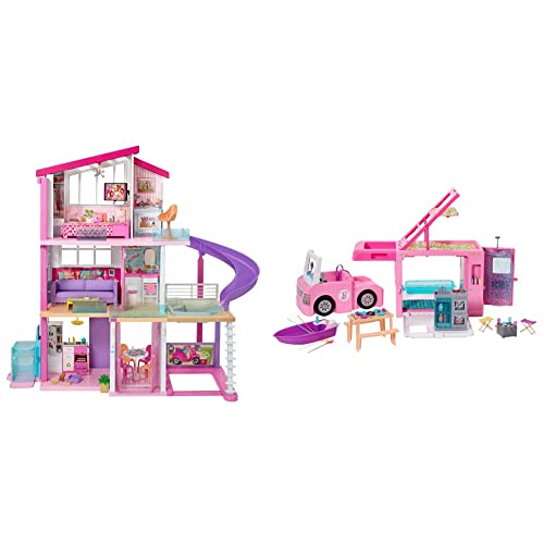 Barbie Casa De Muñecas con Accesorios, La Casa De Tus Sueños, con Elevador Nuevo + Caravana para Acampar 3 En 1 De con Piscina, Camioneta, Barca Y 50 Accesorios