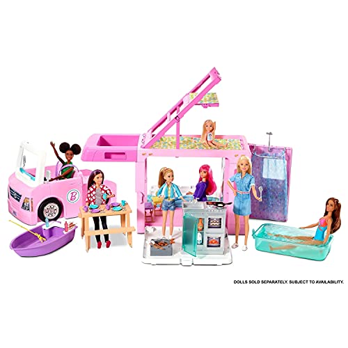 Barbie Casa De Muñecas con Accesorios, La Casa De Tus Sueños, con Elevador Nuevo + Caravana para Acampar 3 En 1 De con Piscina, Camioneta, Barca Y 50 Accesorios