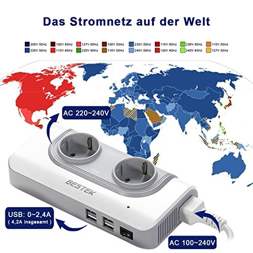 BESTEK 200W Transformador 110V a 220V Adaptador de Viaje con 4 USB para UK Reino Unido, USA Estados Unidos, China, Australia