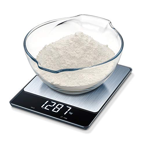 Beurer KS34 Balanza de cocina, medición de carga extra alta 15 kg /1 gr, pantalla led (9.5 x 2.5 cm) con dígitos de 2.5 cm, display invisible, apagado automático, acero inoxidable