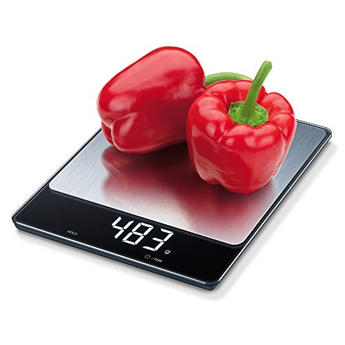 Beurer KS34 Balanza de cocina, medición de carga extra alta 15 kg /1 gr, pantalla led (9.5 x 2.5 cm) con dígitos de 2.5 cm, display invisible, apagado automático, acero inoxidable