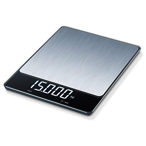 Beurer KS34 Balanza de cocina, medición de carga extra alta 15 kg /1 gr, pantalla led (9.5 x 2.5 cm) con dígitos de 2.5 cm, display invisible, apagado automático, acero inoxidable