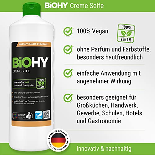 BiOHY Crema de Jabon (Bote de 10 litros) | Suave, hidratante e inodoro jabón de manos del sector vegetal | LIBRE DE FOSFATOS Sin perfume ni colorantes (Creme-Seife)