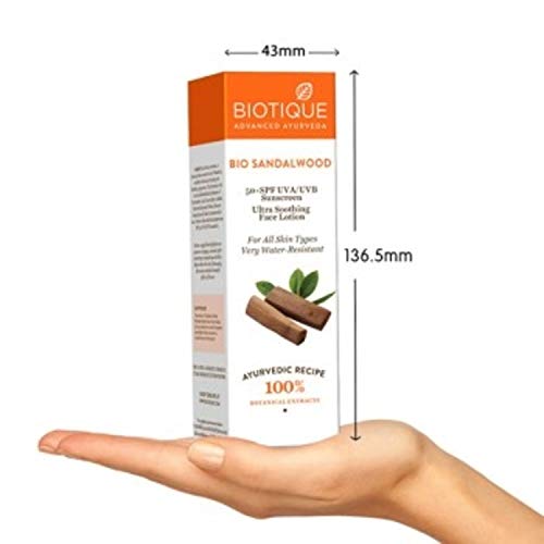 Biotique Loción solar facial y corporal de sándalo, SPF 50, protección solar UVA/UVB