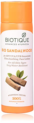 Biotique Loción solar facial y corporal de sándalo, SPF 50, protección solar UVA/UVB