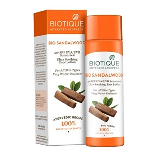 Biotique Loción solar facial y corporal de sándalo, SPF 50, protección solar UVA/UVB