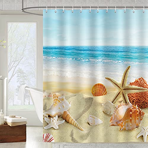 Bonhause Cortina de Ducha Playa Estrella de Mar Conchas Oceano Cortina de Baño de Poliéster Impermeable Antimoho Cortina Ducha con 12 Ganchos 180 x 180 cm