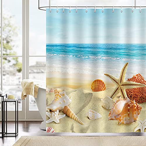 Bonhause Cortina de Ducha Playa Estrella de Mar Conchas Oceano Cortina de Baño de Poliéster Impermeable Antimoho Cortina Ducha con 12 Ganchos 180 x 180 cm