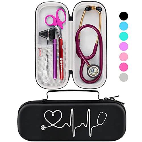 BOVKE Estuche para estetoscopio 3M Littmann Classic III, Lightweight II S.E, MDF Estetoscopios Acoustica Deluxe - Espacio adicional para tijeras de vendaje EMT Trauma Shears y LED Penlight, Negro