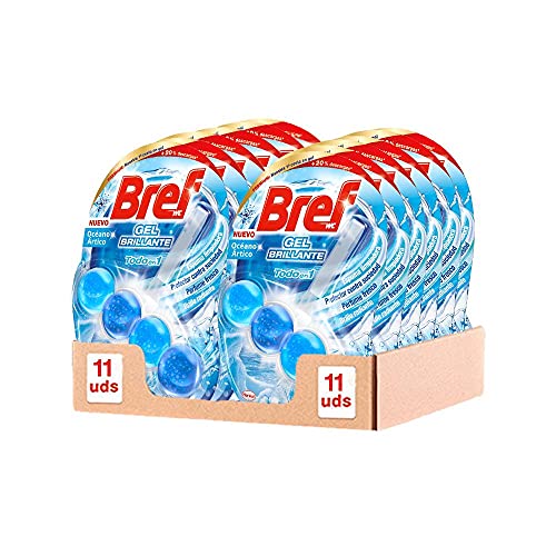 Bref Gel Brillante Océano Ártico Todo en 1 (pack de 11 unidades), cesta en gel para una limpieza completa,colgadores WC para la limpieza del baño, frescor duradero y brillo radiante