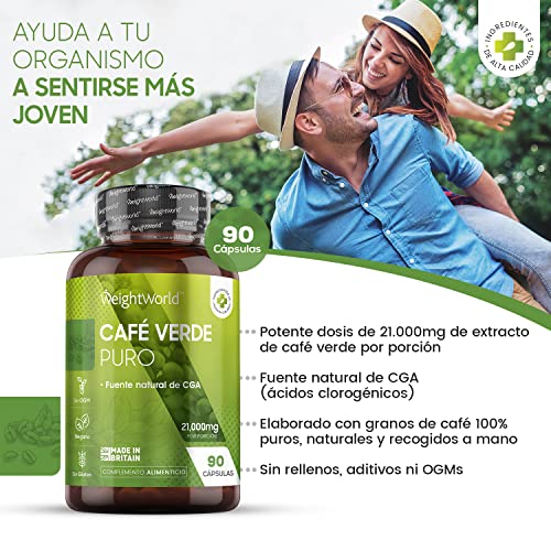 Café Verde Puro, Potente Fórmula 21000mg 90 Cápsulas Vegano - Suplemento Dietético Green Coffee 100% Natural, Fuente de Cafeína Pura, Vitamina B, Magnesio, Potasio, Manganeso Y Niacina, Dieta Keto