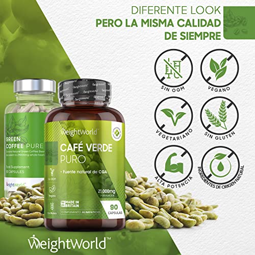 Café Verde Puro, Potente Fórmula 21000mg 90 Cápsulas Vegano - Suplemento Dietético Green Coffee 100% Natural, Fuente de Cafeína Pura, Vitamina B, Magnesio, Potasio, Manganeso Y Niacina, Dieta Keto